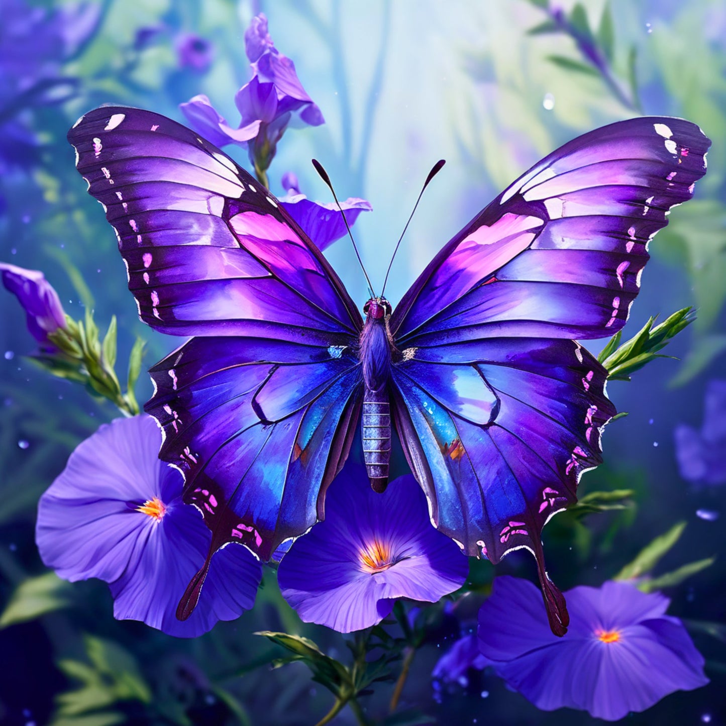 Violet Whisper Diamond Painting Kit. Close-up of a large purple and blue butterfly perched on violet flowers.