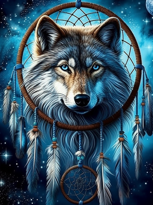 Wolf Dreamcatcher Diamond Painting Kit by Amazing Grace Media. Majestic wolf with blue eyes inside a feathered dreamcatcher against a starry blue night sky