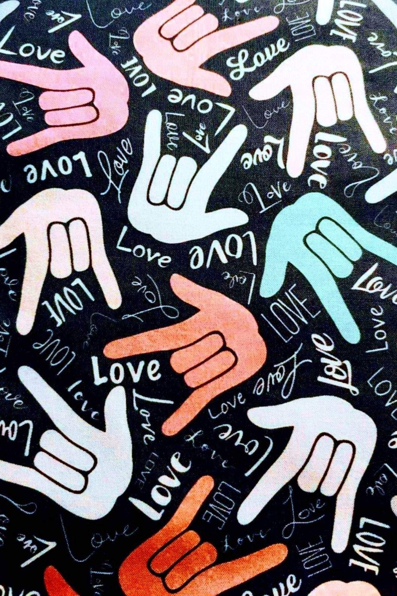 diamond painting canvas design featuring a repeating pattern of the American Sign Language hand sign for 'I love you' in various pastel colors on a black background with the word 'love' in script