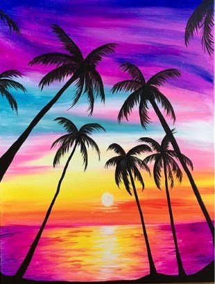 Black palm tree silhouettes against a vibrant pink, purple, and orange sunset over ocean. Diamond painting kit.
