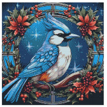 Load image into Gallery viewer, Blue Jay Holiday Wreath Stain Glass - Diamond Painting Bling Art
