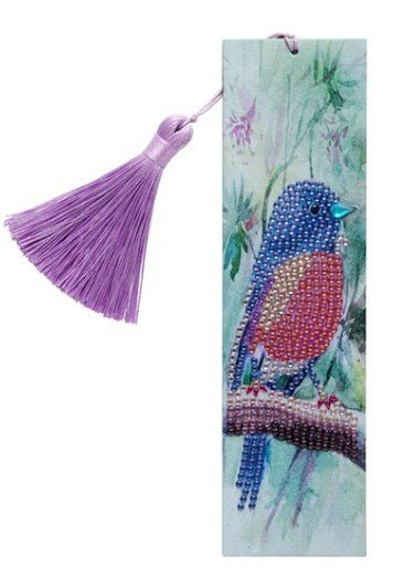 Diamond painting bookmark with a colorful blue and pink bird on a branch and a purple tassel.
