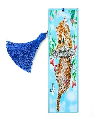 Diamond painting bookmark with an orange cat swinging from a branch and a blue tassel.