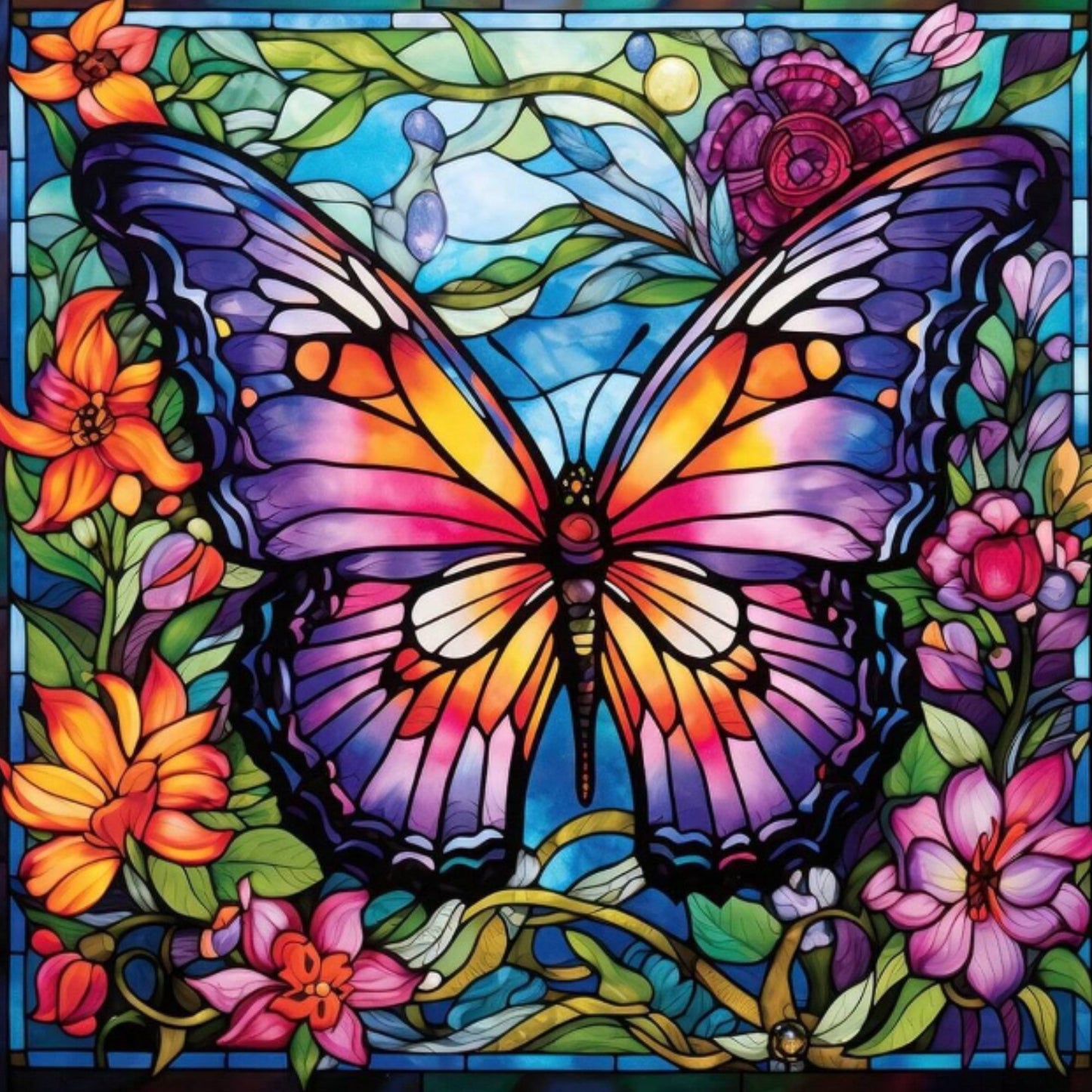 Vibrant butterfly with stained glass wings and flowers. Diamond painting kit.