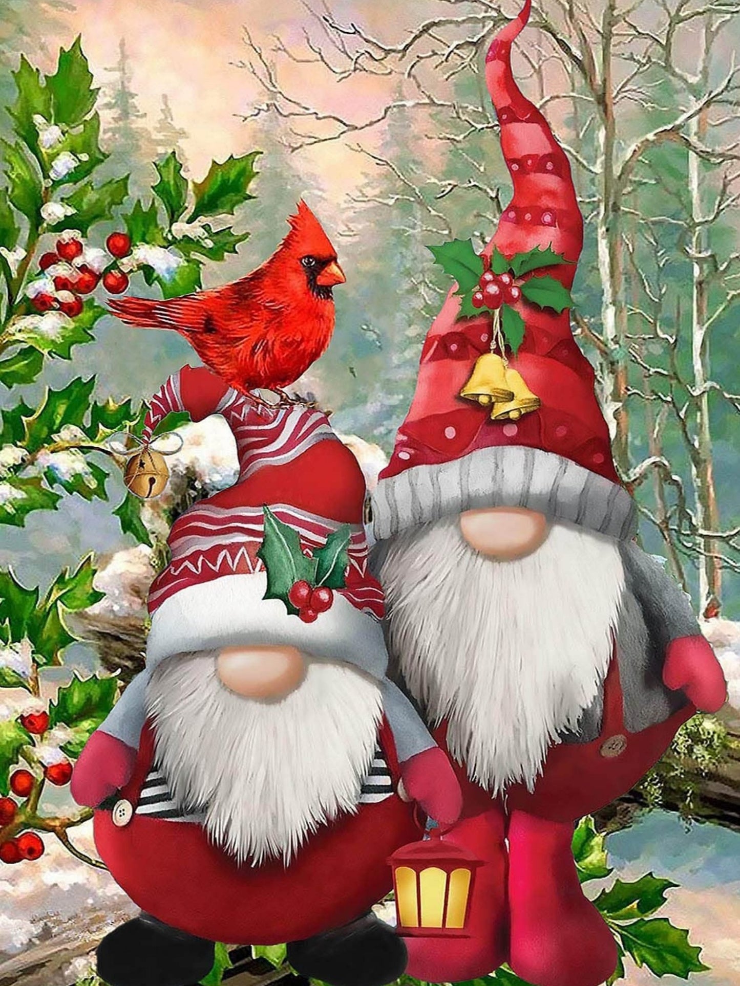 Gnome & Cardinal Christmas Diamond Painting Kit. A canvas featuring two gnomes in red and white Christmas outfits, with a red cardinal on one gnome's hat, ready to be decorated with round diamonds.