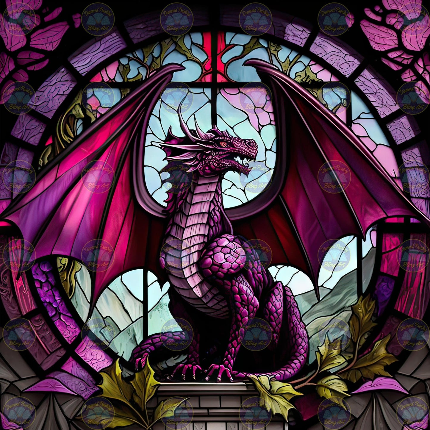 Dragon Stained Glass Diamond Painting Kit. A purple dragon with large wings, depicted in a vibrant stained glass window style