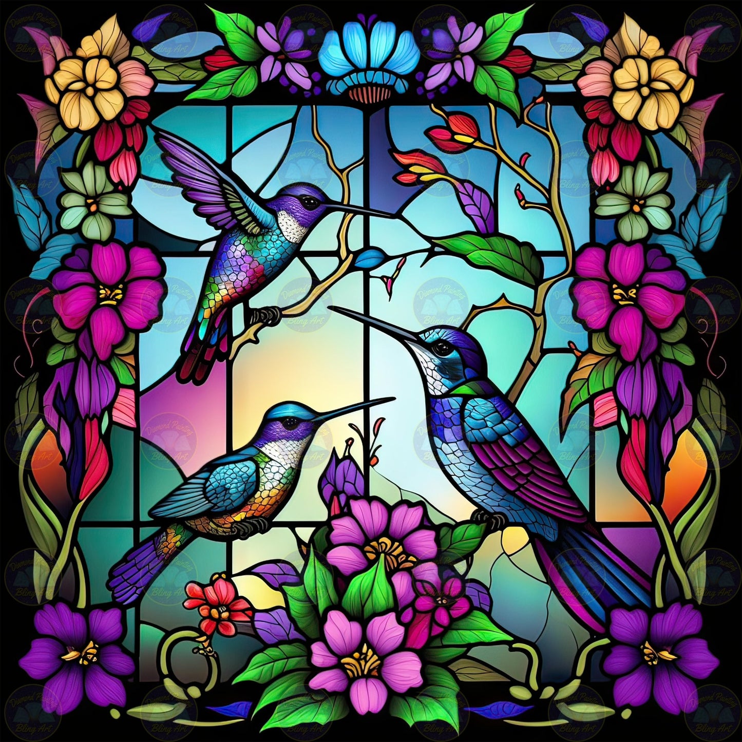 Hummingbirds Stained Glass Diamond Painting Kit. Colorful hummingbirds and flowers rendered in a vibrant stained glass mosaic style
