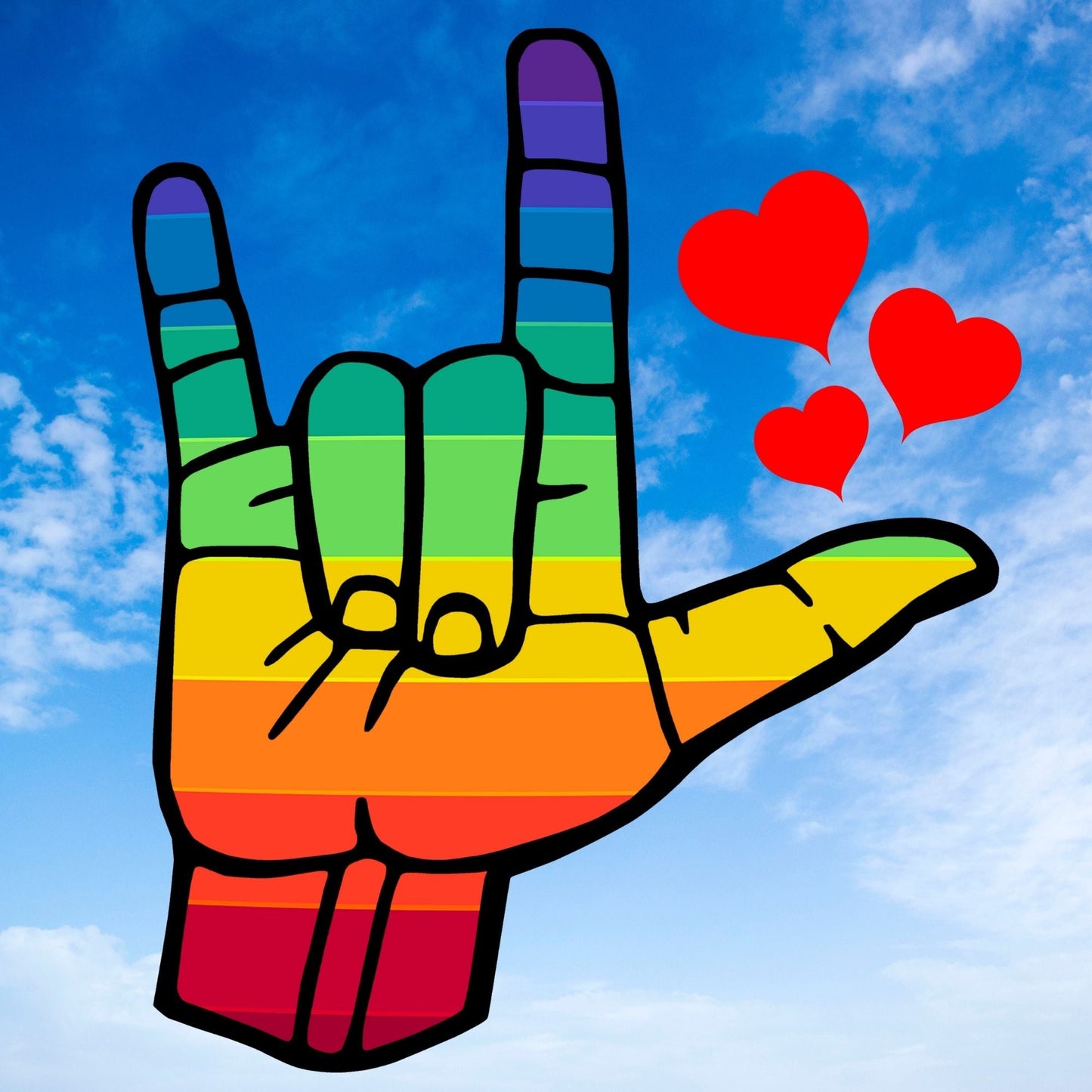 ASL "I Love You" hand sign in rainbow colors with hearts on blue sky.