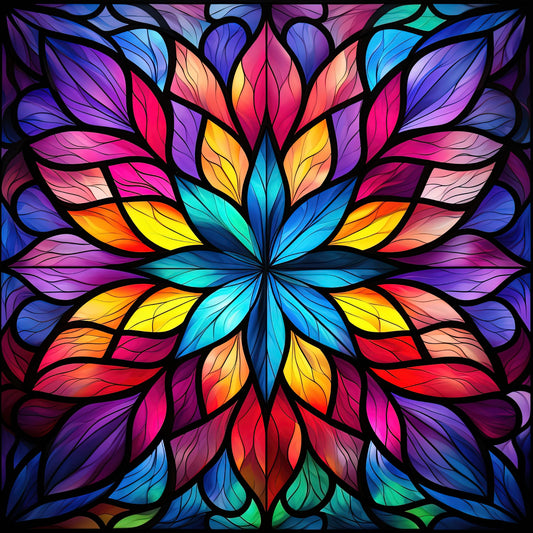 Neon Sunflower Diamond Painting Kit. A large sunflower with petals in bright, rainbow neon colors, against a dark, sparkling background