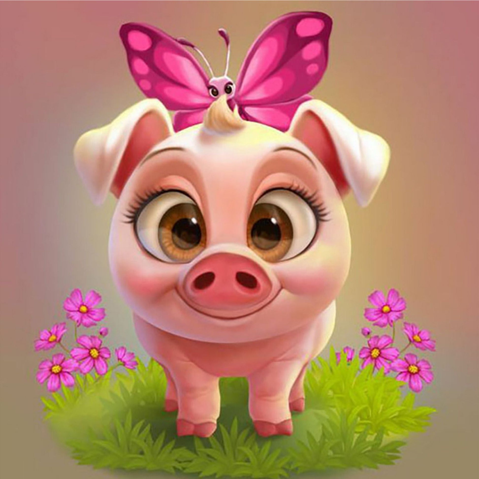 Adorable pink piglet with a butterfly on its head and pink flowers. Cute animal diamond painting.