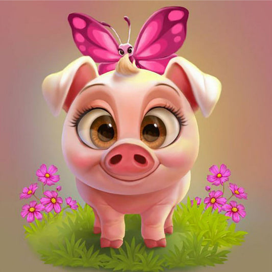 Adorable pink piglet with a butterfly on its head and pink flowers. Cute animal diamond painting.