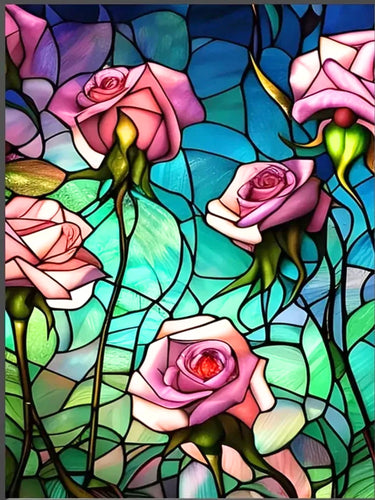 Pink Roses Stain Glass Crystal - Diamond Painting Bling Art
