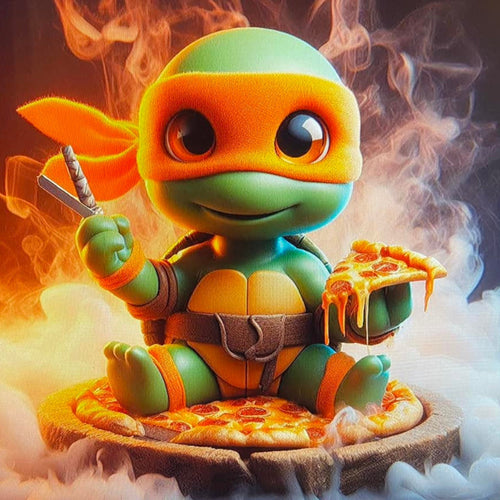 turtle dressed like a ninja holding a dripping cheesy pizza slice sitting on a pizza stone with billowing white smoke surrounding  - Diamond Painting Bling Art