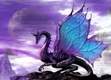 Load image into Gallery viewer, Purple and teal Dragon perched on top of rock with violet and purple hazy moonlit sky - Diamond Painting Bling Art
