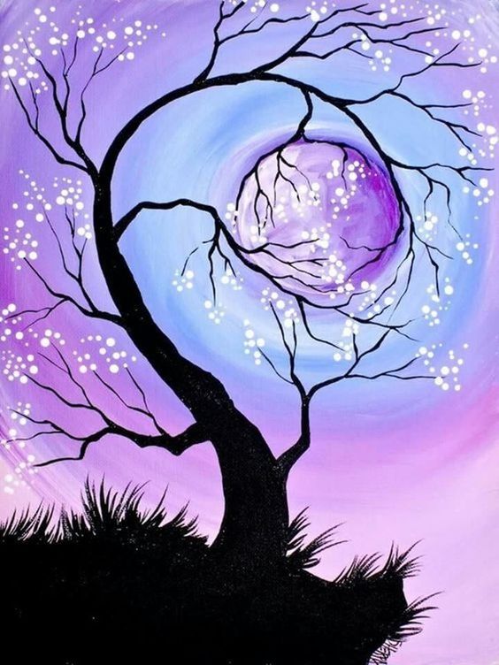 Twilight Tree Dream Diamond Painting: vibrant purple and blue scene with a silhouetted tree and swirling moon, white light dots.