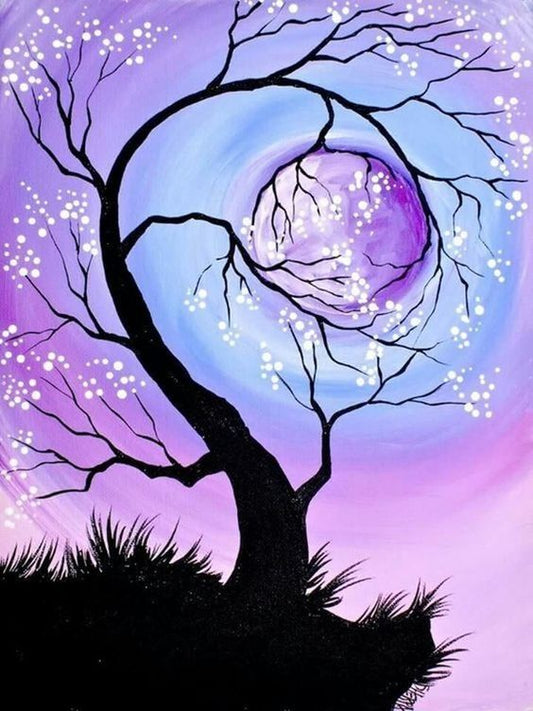 Twilight Tree Dream Diamond Painting: vibrant purple and blue scene with a silhouetted tree and swirling moon, white light dots.