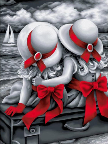 Sister Love - two girls sitting on suitcase looking at the sailboat in the water.  black and white with red accents of bow on dress and hat scarf  - Diamond Painting Bling Art