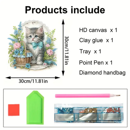 Product list with a diamond painting kit including HD canvas, clay glue, tray, point pen, and diamond handbag.