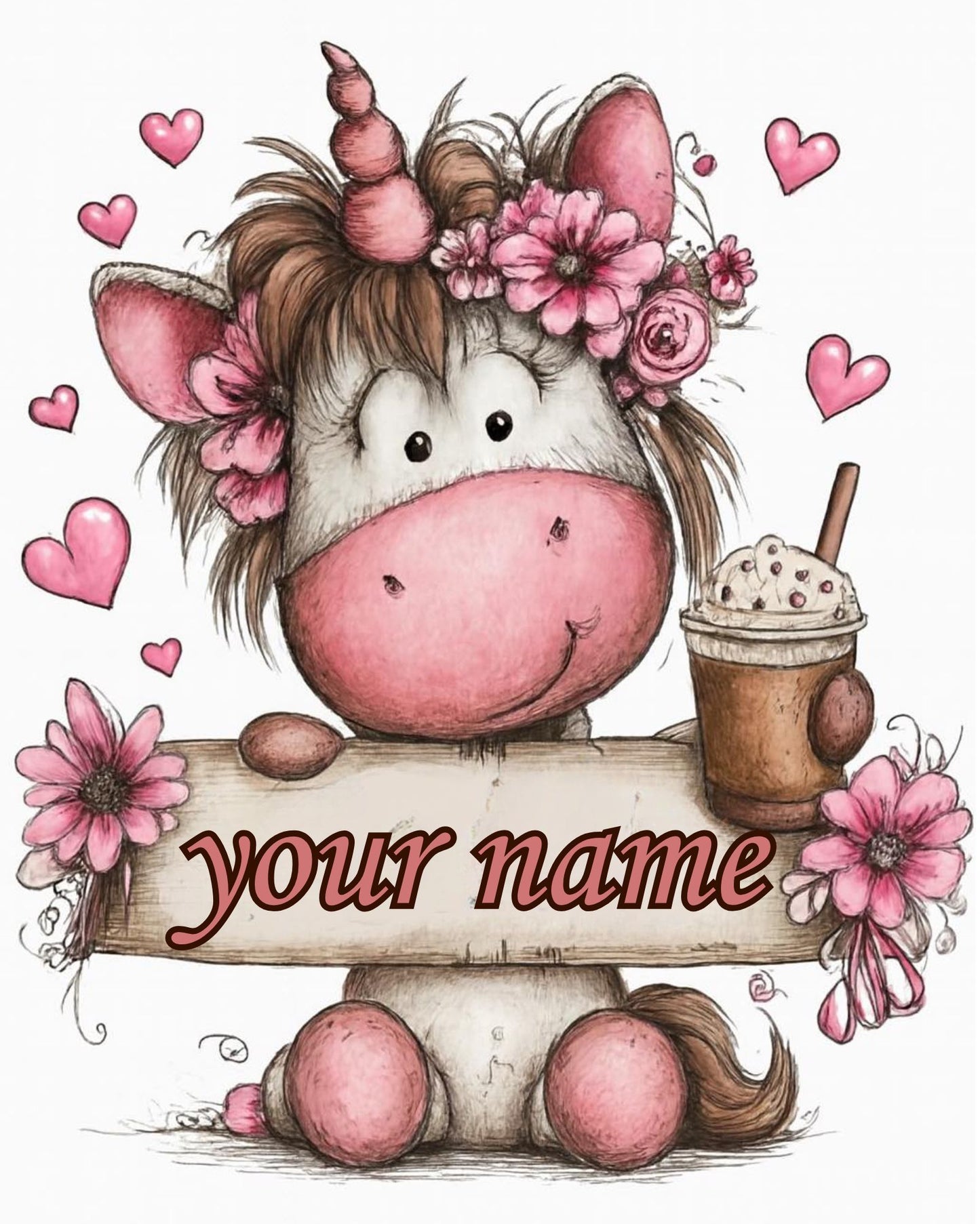 Cartoon character with pink flowers and a drink, with space for 'your name' on a white background.