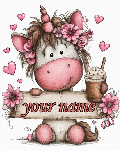 Cartoon character with pink flowers and a drink, with space for 'your name' on a white background.