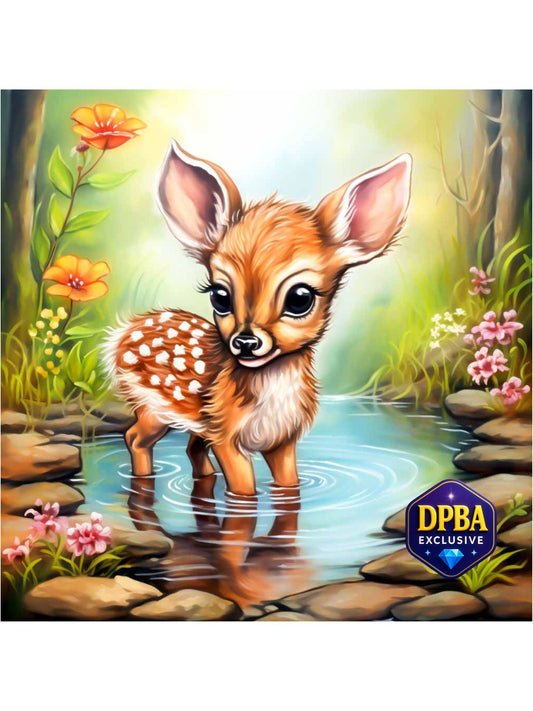 Adorable baby deer diamond painting standing in a forest pond with flowers and soft pastel background, DPBA exclusive