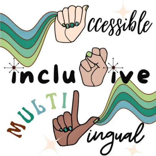 An ASL-themed diamond painting design with hands signing 'accessible,' 'inclusive,' and 'multilingual' in a green and blue color palette