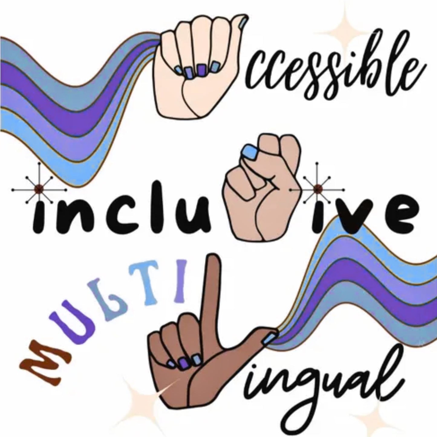 An ASL-themed diamond painting design with hands signing 'accessible,' 'inclusive,' and 'multilingual' in a purple and blue color palette