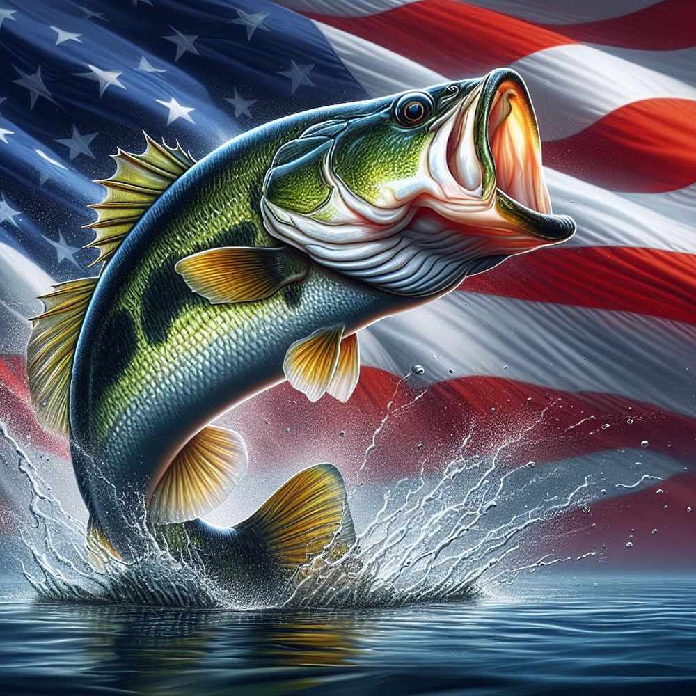 A diamond painting design featuring a large, vibrant green bass fish leaping out of blue water with splashes, set against a waving American flag.