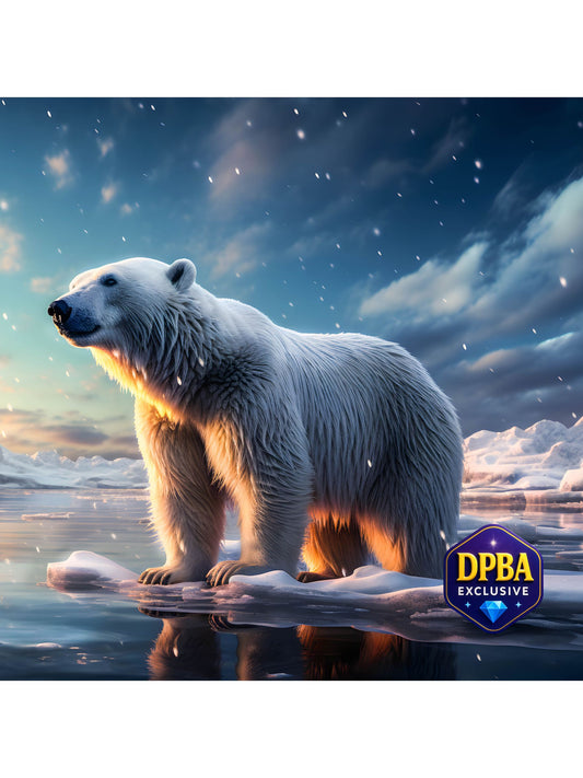 Majestic polar bear diamond painting standing on icy water under a twilight sky, DPBA exclusive