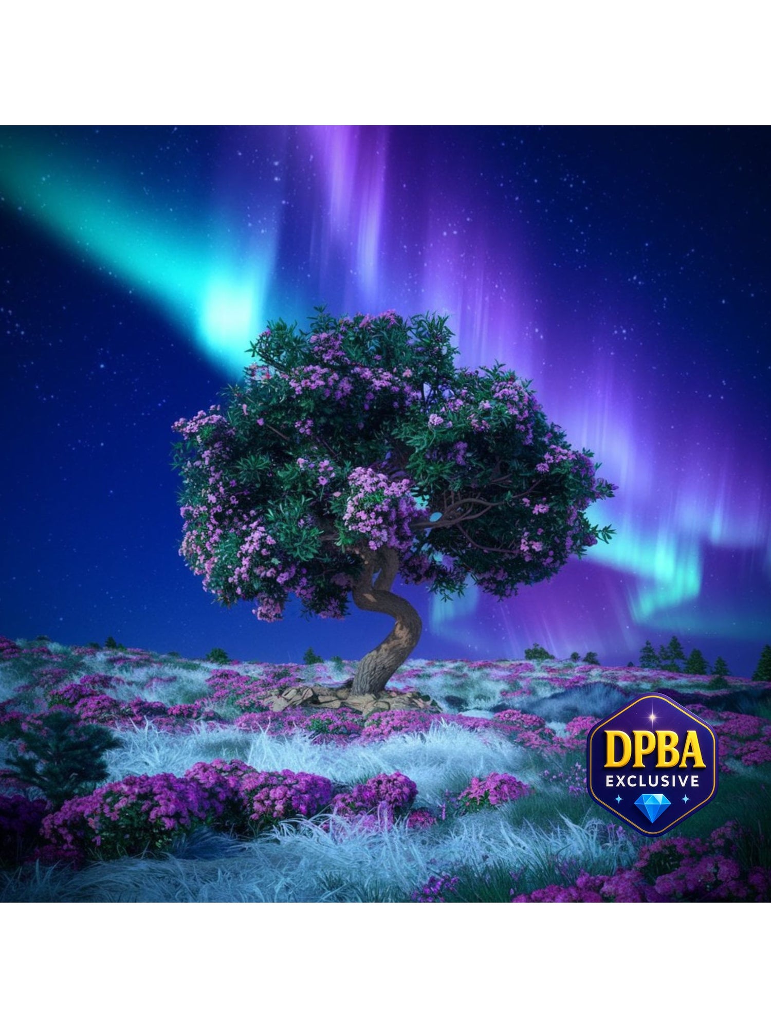 Fantasy artwork of a blooming tree in a lavender field under glowing northern lights, designed for diamond painting, DPBA exclusive