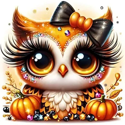 Autumn Bling Owl Diamond Painting Kit. An adorable orange and white owl with large sparkly eyes, wearing a black bow, sitting between two small pumpkins