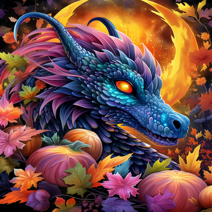 Autumn Dragon's Blaze Diamond Painting Kit. A colorful blue and purple dragon with orange glowing eyes, surrounded by fall leaves and pumpkins under an orange moon