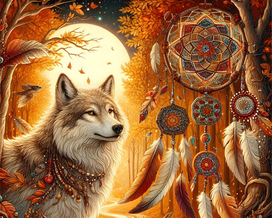 Wolf in a forest with a dreamcatcher and full moon