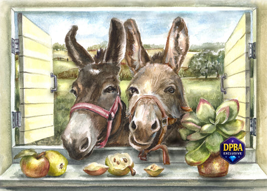 A watercolor-style art print depicting two donkeys leaning out of an open window, with apples on the sill, a potted succulent, and a visible DPBA Exclusive logo badge in the lower right corner.