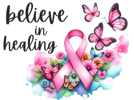 Pink ribbon with flowers and butterflies and 'believe in healing' text on a white background