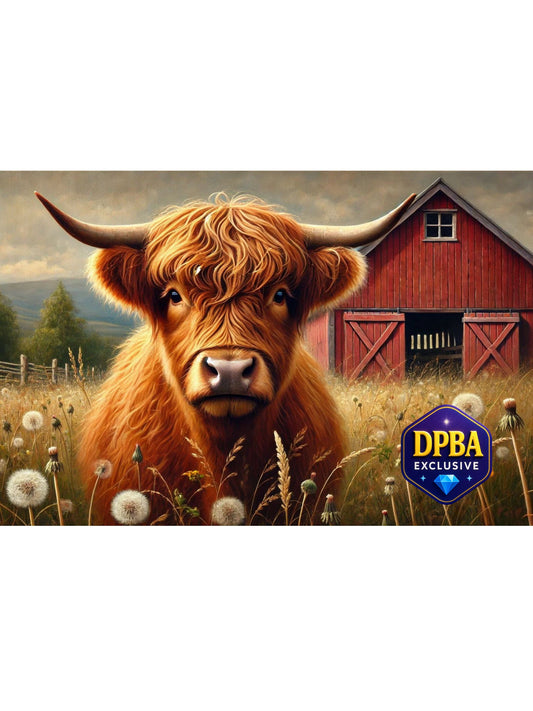 Highland cow artwork in a wildflower field with red barn background, DPBA exclusive
