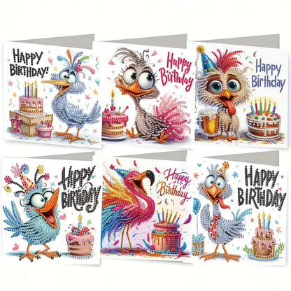 Set of six colorful birthday cards with animal characters and 'Happy Birthday' text.