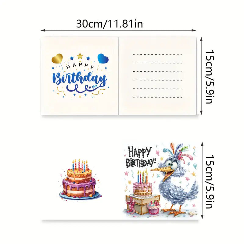 Birthday card with dimensions and illustrations of a cake and a bird.