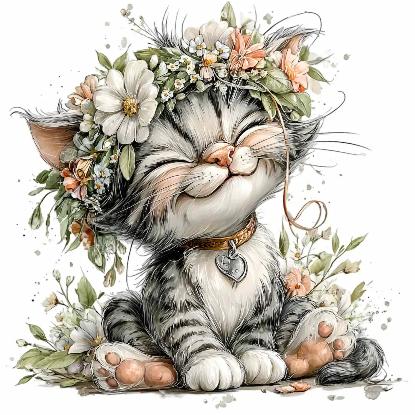 Illustration of a cat with flowers and leaves on a white background