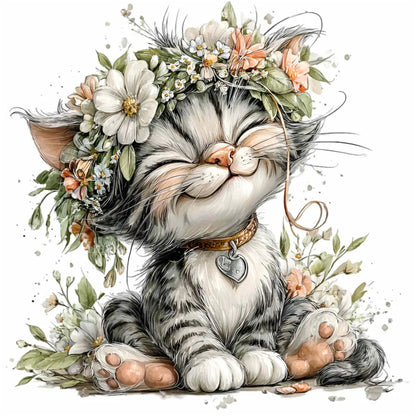 Illustration of a cat with flowers and leaves on a white background