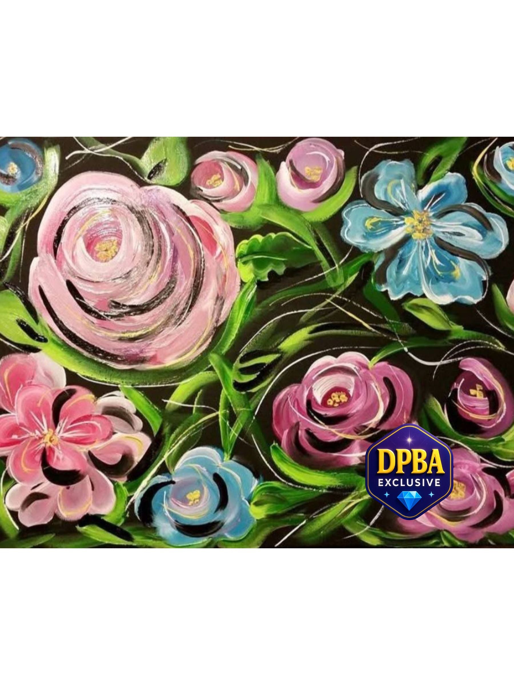 Blossoms of Joy by Teresa Super Diamond Painting Kit. An artistic painting of pink and blue flowers with green leaves on a dark background.