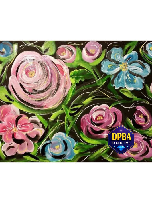 Blossoms of Joy by Teresa Super Diamond Painting Kit. An artistic painting of pink and blue flowers with green leaves on a dark background.
