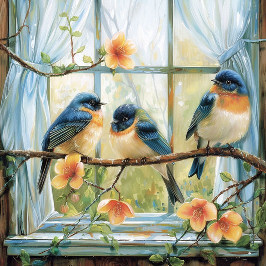 Three blue birds perched on a branch with flowers and a window in the background