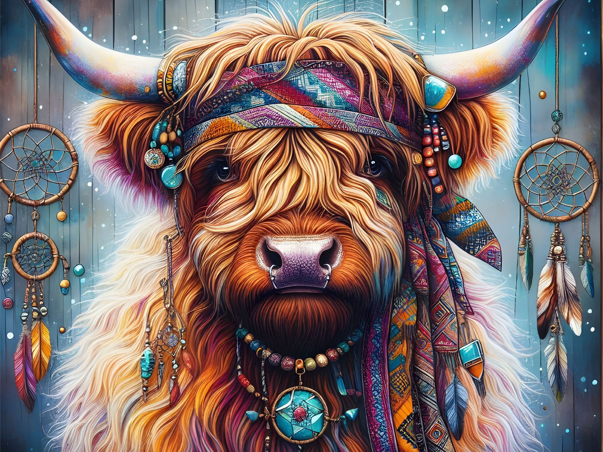 Colorful depiction of a Highland cow with decorative headgear and dreamcatchers on a wooden background