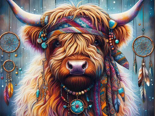 Colorful depiction of a Highland cow with decorative headgear and dreamcatchers on a wooden background
