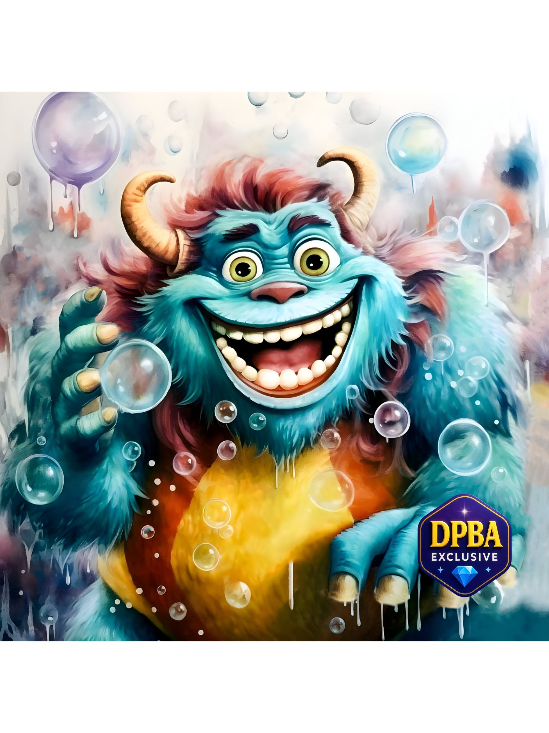 Playful blue monster diamond painting surrounded by floating bubbles and vibrant splashes, DPBA exclusive