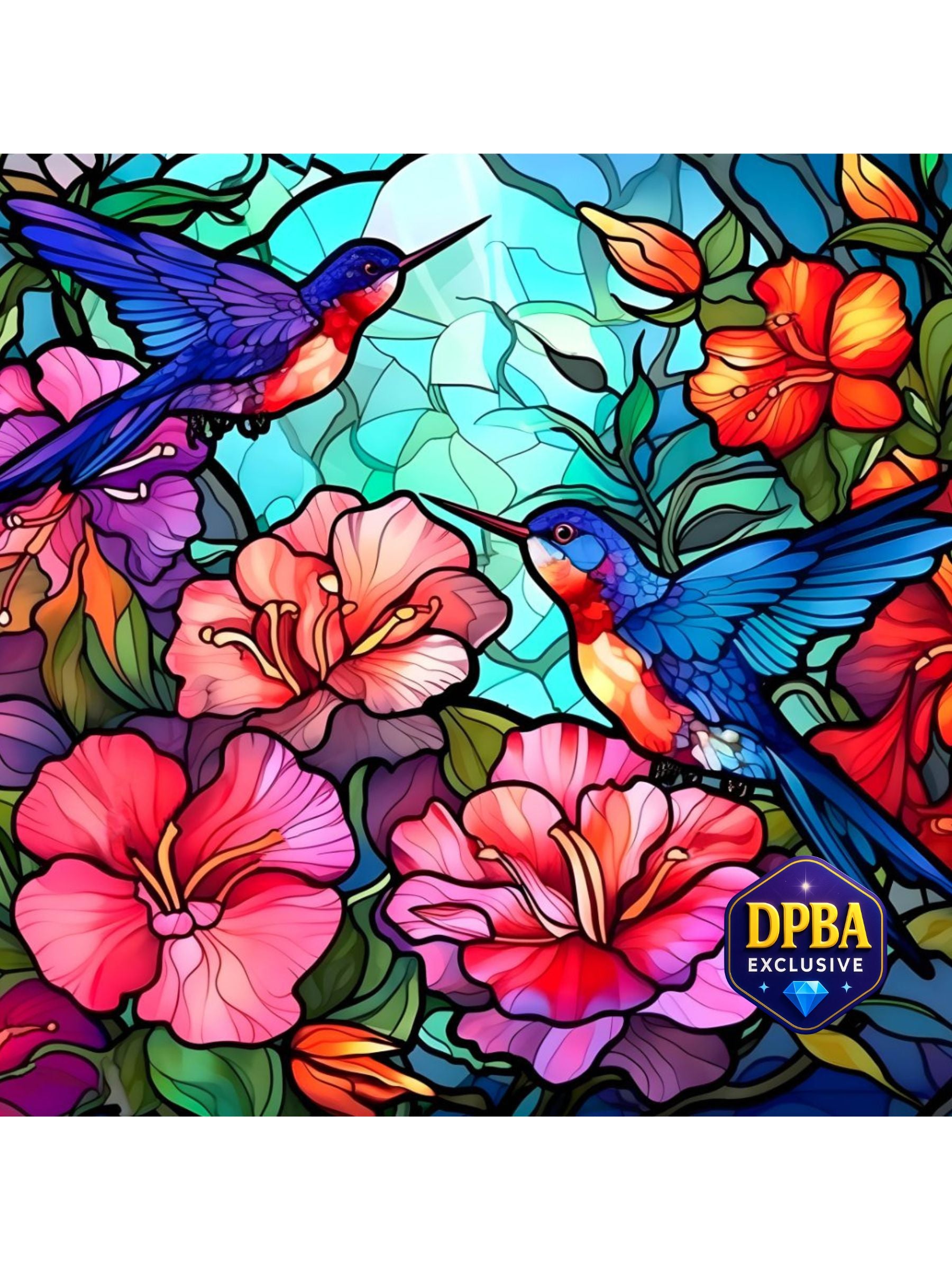 Vibrant hummingbird diamond painting with stained glass-style flowers in pink, orange, and purple, DPBA exclusive