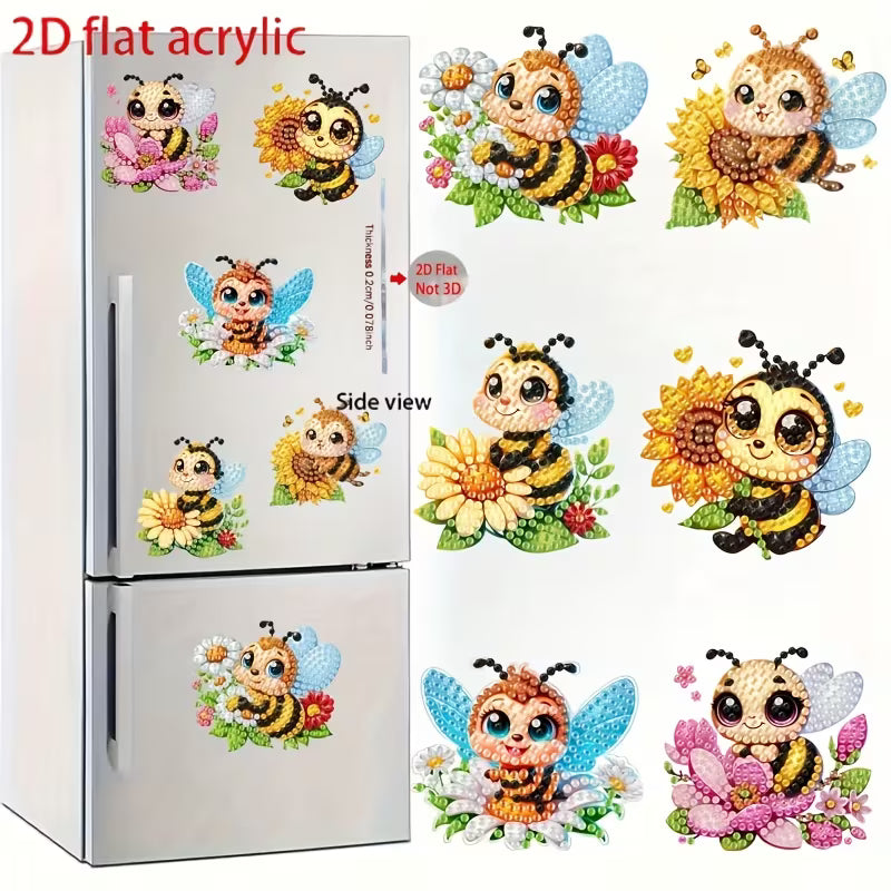 Fridge with cartoon bee and flower stickers and additional stickers displayed on a white background.