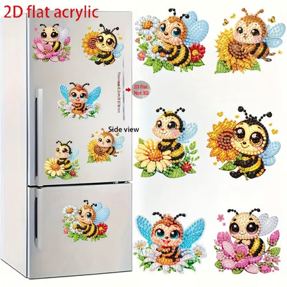Fridge with cartoon bee and flower stickers and additional stickers displayed on a white background.