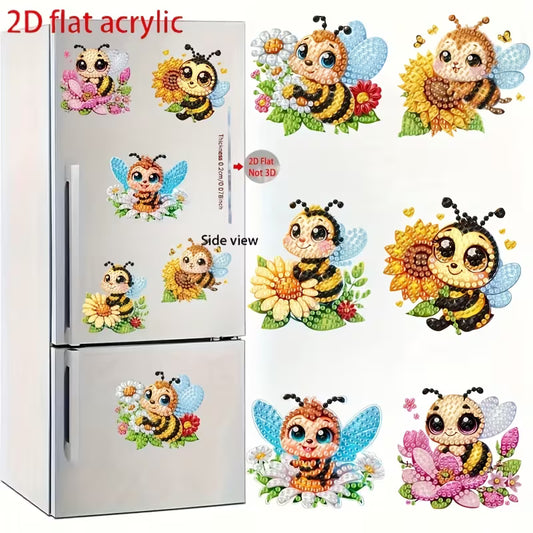 Fridge with cartoon bee and flower stickers and additional stickers displayed on a white background.